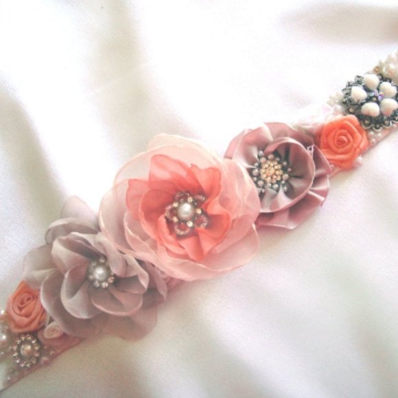 Bridal Wedding Sash Belt White-Salmon-Ivory New main image 5